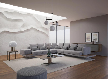 Wohnzimmer Set 3tlg Grau Ecksofa L-Form Holz Couchtisch Designer Beistelltisch